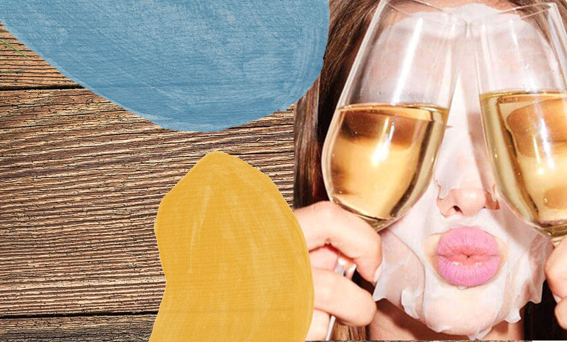 Young woman with two champagne glasses covering her eyes suffering with hangover skin