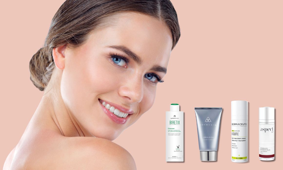 Closeup of flawless skin woman's face with four different skincare products